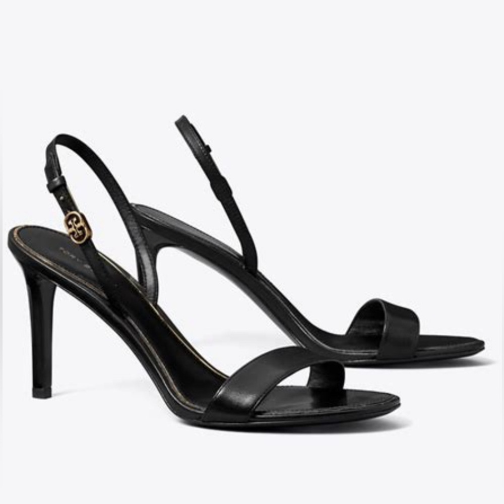 Tory Burch Holly 2 Black Leather Silver Emblem Slingback Heels Sandals Worn Once